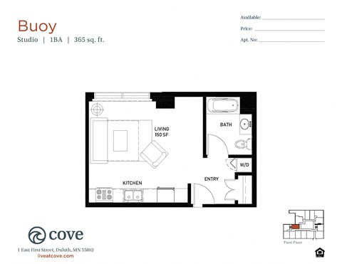 Floor plan for studio, 1 bath, 365 sqft